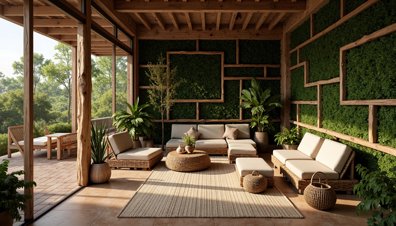 Prompt: Earthy tones, reclaimed wood accents, living green walls, natural stone flooring, bamboo furnishings, woven wicker textures, organic shapes, earthy color palette, warm ambient lighting, soft focus, shallow depth of field, 1/1 composition, panoramic view, realistic materials, subtle normal mapping.