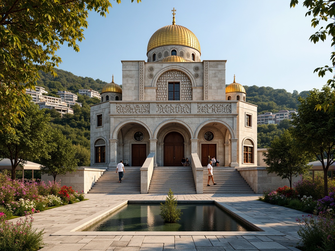 Prompt: Majestic Byzantine church, intricately carved stone facades, golden domes, ornate mosaics, lush greenery, blooming flowers, serene water features, rustic stone pathways, tranquil courtyards, scenic hilltop views, warm sunny day, soft diffused lighting, shallow depth of field, 3/4 composition, panoramic view, realistic textures, ambient occlusion.