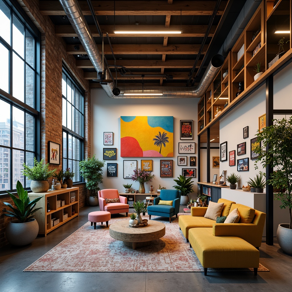 Prompt: Vibrant modern art studio, trendy artist's workspace, eclectic furniture, colorful artwork displays, inspirational quotes, natural wood accents, industrial metal shelves, urban loft atmosphere, large windows, soft warm lighting, 1/1 composition, shallow depth of field, realistic textures, ambient occlusion.