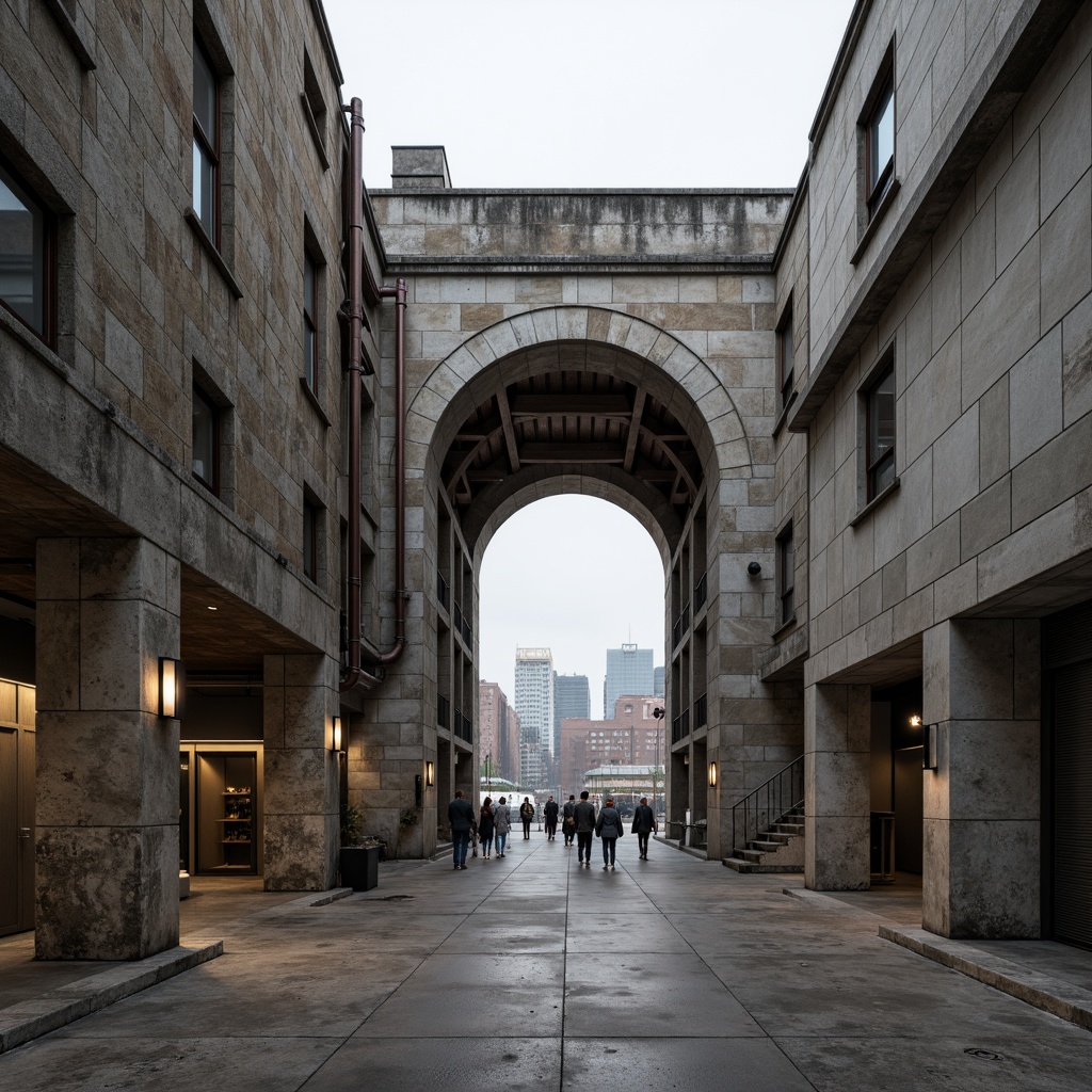 Prompt: Rough-hewn concrete walls, brutalist fortress, rugged stone fa\u00e7ades, weathered metal beams, distressed wood accents, industrial pipe fixtures, exposed ductwork, raw poured concrete floors, minimalist ornamentation, cold atmospheric lighting, high-contrast shadows, dramatic architectural angles, monumental scale, urban cityscape backdrop, overcast skies, diffused natural light, 1/1 composition, cinematic mood, gritty realistic textures, subtle ambient occlusion.