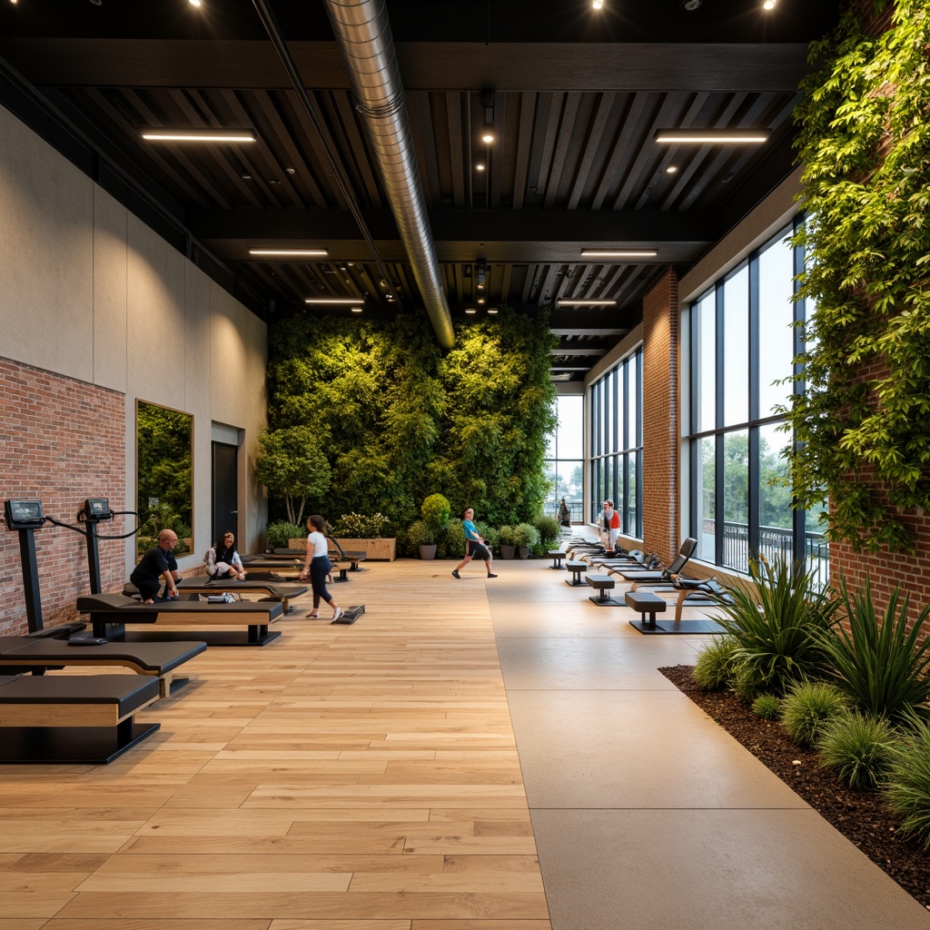 Prompt: Modern fitness club interior, eco-friendly materials, reclaimed wood flooring, bamboo exercise equipment, natural stone walls, living green walls, energy-efficient LED lighting, floor-to-ceiling windows, minimal ornamentation, industrial-chic decor, exposed ductwork, polished concrete floors, sustainable textiles, recycled rubber flooring, organic color palette, calming atmosphere, soft warm lighting, shallow depth of field, 3/4 composition, panoramic view, realistic textures, ambient occlusion.