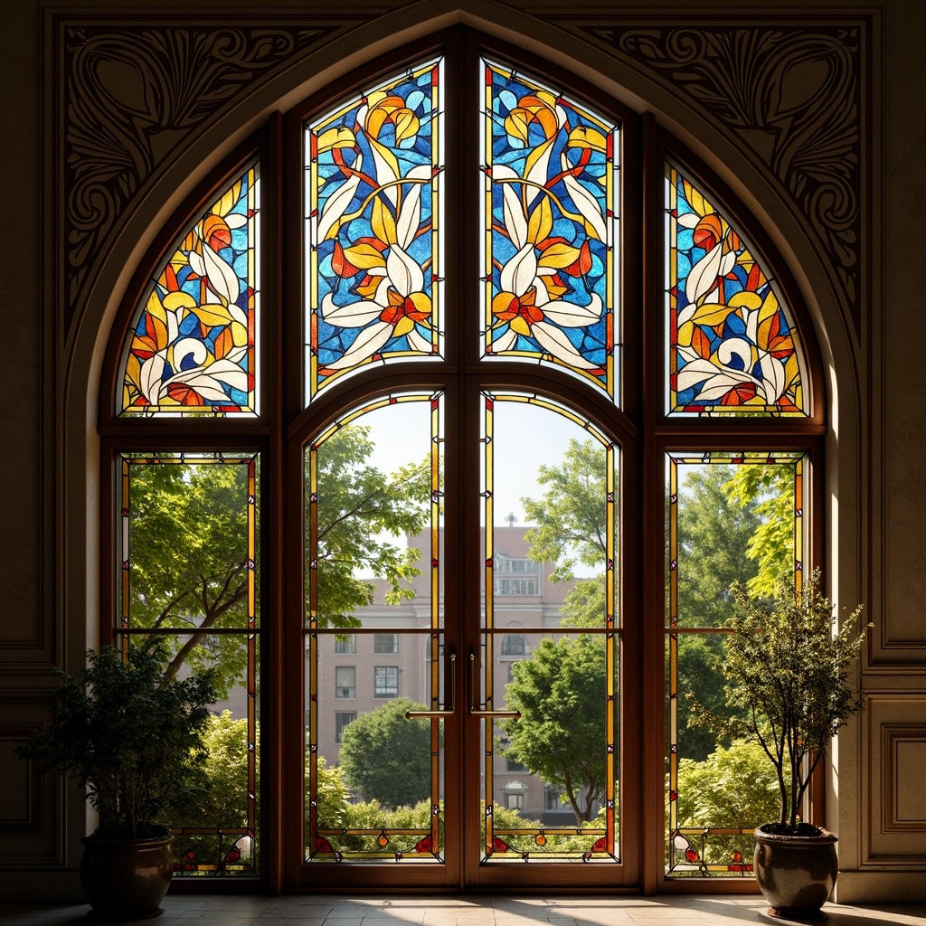 Prompt: Whimsical art nouveau windows, flowing organic shapes, ornate metalwork, stained glass patterns, vibrant colorful glazing, intricate botanical motifs, curved lines, sinuous forms, elegant proportions, luxurious materials, polished bronze frames, beveled glass edges, decorative tracery, subtle natural light, warm ambient glow, shallow depth of field, 1/1 composition, symmetrical view, realistic reflections, soft warm lighting.