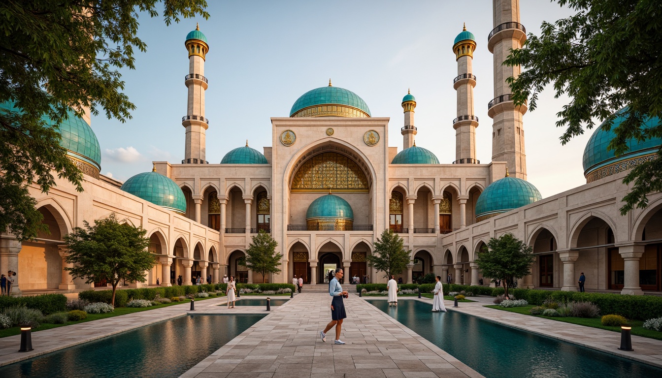 Prompt: Intricate stone carvings, grand mosque architecture, Islamic geometric patterns, vibrant turquoise domes, golden minarets, ornate archways, intricate stained glass windows, sacred scripture inscriptions, lush green courtyard gardens, serene water features, peaceful ambiance, warm natural lighting, 3/4 composition, panoramic view, realistic textures, ambient occlusion.Note