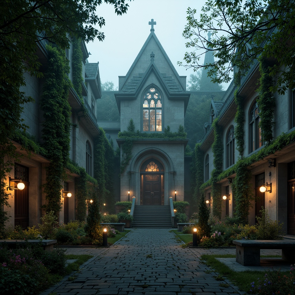 Prompt: Mysterious Gothic cathedral, overgrown ivy, twisted vines, crumbling stone walls, moss-covered statues, foggy misty atmosphere, dim lantern lighting, eerie shadows, ancient trees, gnarled branches, dark romantic flowers, mysterious ruins, weathered stone benches, winding cobblestone paths, grand iron gates, mystical fog effects, low-key warm lighting, cinematic composition, dramatic high contrast, detailed textures, ambient occlusion.