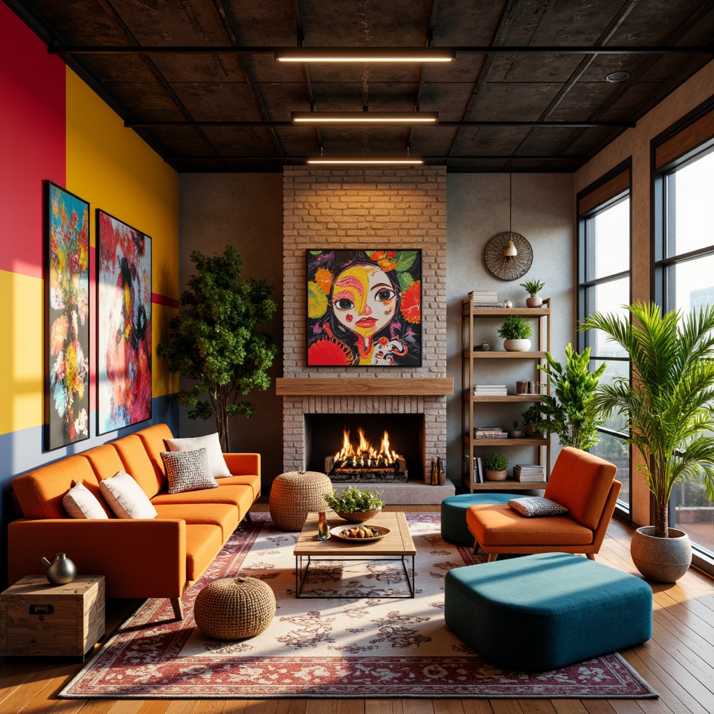 Prompt: Vibrant modern art studio, eclectic furniture pieces, bold color blocking, rich textures, industrial metal accents, reclaimed wood shelves, natural stone walls, bohemian-inspired decor, abstract artwork, artistic expressions, warm golden lighting, shallow depth of field, 1/1 composition, realistic renderings, ambient occlusion.