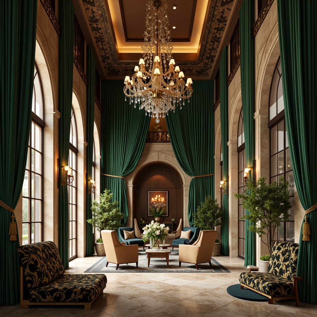 Prompt: Rich velvet fabric, luxurious golden accents, deep emerald greenery, warm beige stonework, soft cream furnishings, elegant crystal chandeliers, subtle copper undertones, sophisticated dark wood tones, refined matte black metalwork, airy light-filled spaces, dramatic high ceilings, cinematic wide-angle views, atmospheric misty lighting, 1/2 composition, symmetrical balance, realistic reflections.