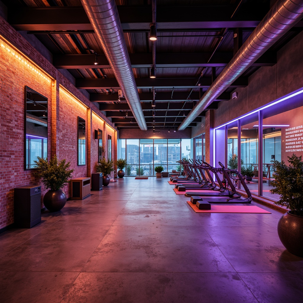 Prompt: Industrial chic fitness studio, exposed ductwork, polished concrete floors, neon accent lighting, reclaimed wood walls, metal beams, modern minimalist decor, high-ceilinged open spaces, state-of-the-art exercise equipment, free weights, cardio machines, strength training areas, yoga mats, mirrored walls, motivational quotes, energetic color scheme, dynamic LED light installations, futuristic sound systems, immersive audio experiences, panoramic city views, urban loft atmosphere, 3/4 composition, shallow depth of field, soft warm lighting.