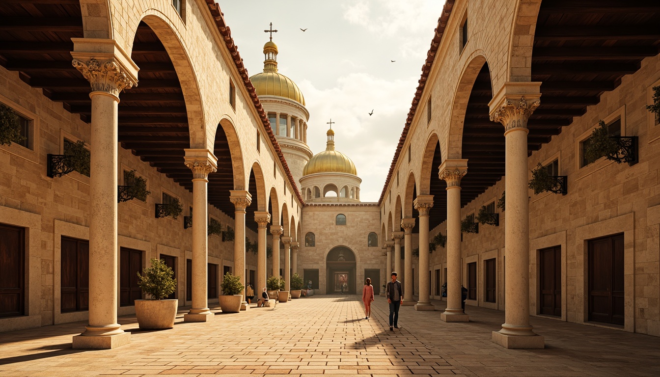 Prompt: Golden domes, ornate crosses, rich mosaics, warm beige stones, terracotta rooftops, earthy red bricks, creamy white marble, intricate stone carvings, lavish frescoes, solemn archways, mystical ambiance, soft golden lighting, dramatic shadows, 1/2 composition, atmospheric perspective, realistic textures, subtle vignettes.