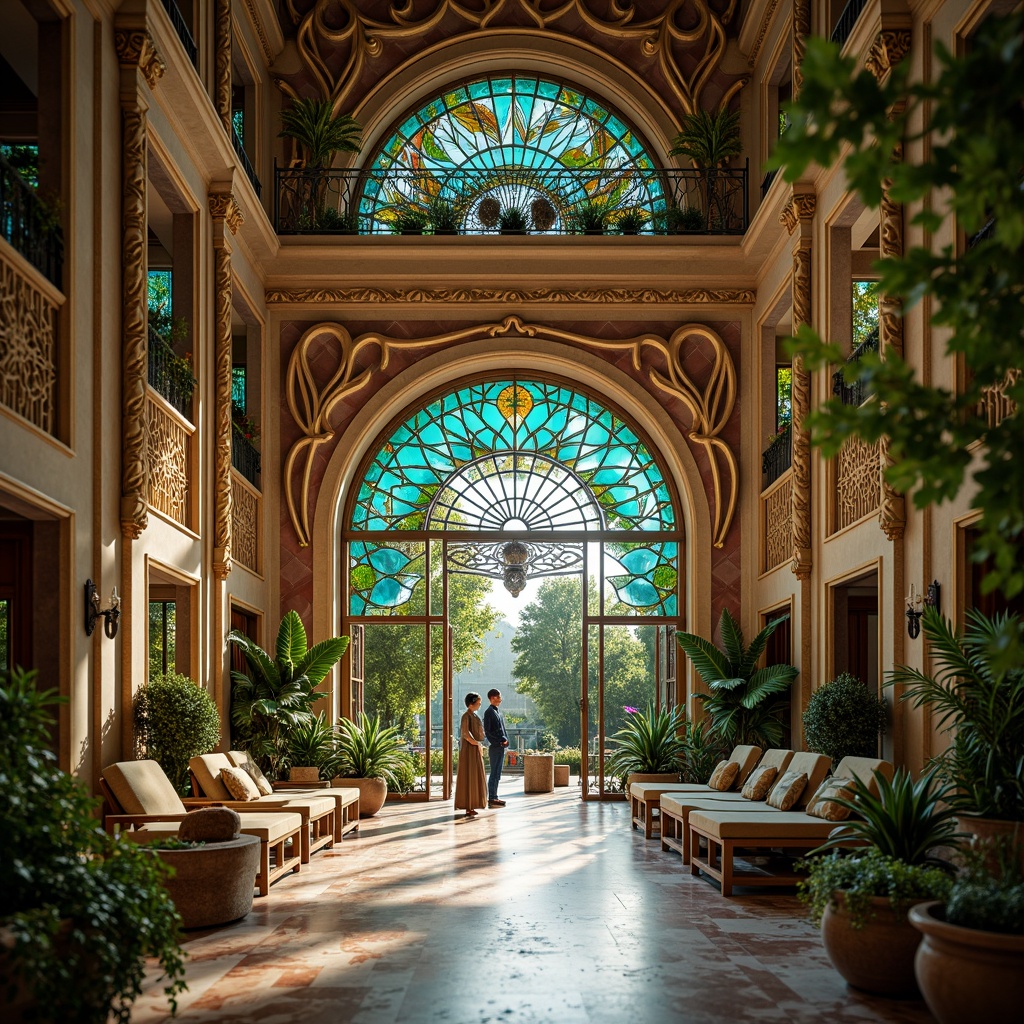 Prompt: Intricate ironwork, flowing organic curves, sinuous lines, ornate decorations, grand entranceways, arched windows, stained glass patterns, vibrant turquoise accents, polished marble surfaces, lavish golden details, asymmetrical compositions, whimsical botanical motifs, soft warm lighting, shallow depth of field, 1/2 composition, realistic textures, ambient occlusion.