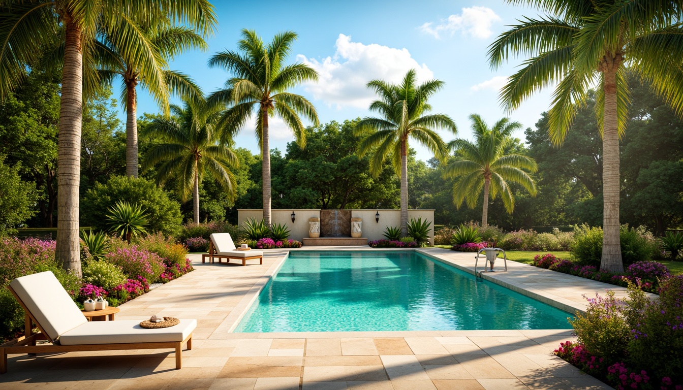 Prompt: Vibrant tropical oasis, turquoise pool water, sun-kissed deck, warm beige coping stones, lush green palm trees, colorful floral arrangements, comfortable outdoor lounge furniture, refreshing misting system, soft warm lighting, natural stone waterfall feature, serene ambiance, 3/4 composition, realistic textures, ambient occlusion.