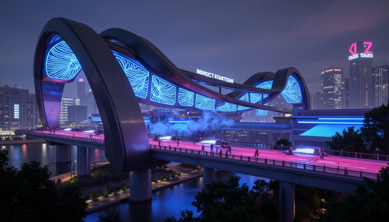 Prompt: Futuristic bridge, neon-lit cityscape, sleek metallic structures, glowing LED lights, vibrant color scheme, dynamic shapes, abstract patterns, 3D modeling, atmospheric mist, foggy ambiance, cinematic lighting, dramatic shadows, high-contrast ratio, glowing accents, luminescent strips, fiber-optic details, holographic displays, futuristic transportation systems, urban skyline, towering skyscrapers, bustling metropolis, nighttime scenery, fast-paced traffic flow.