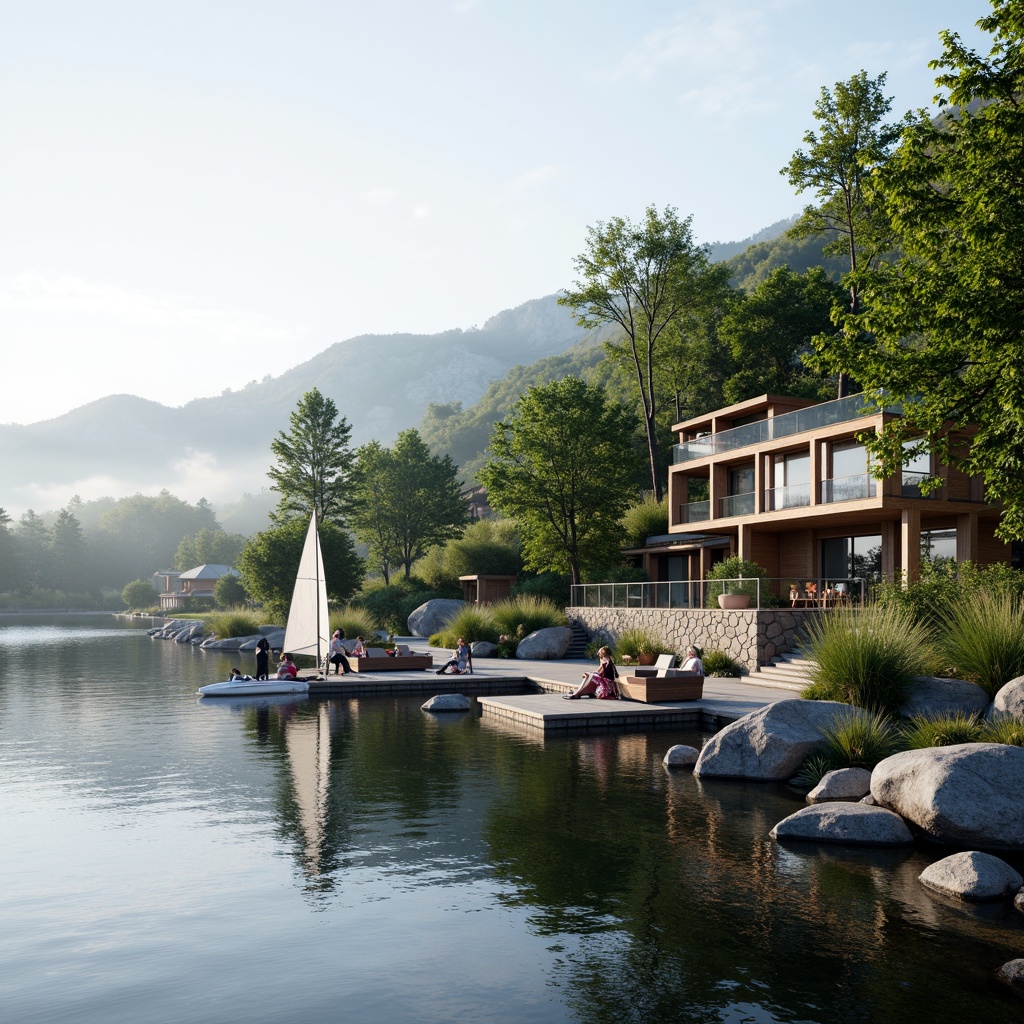 Prompt: Scenic lakefront, serene water reflections, lush greenery, mature trees, rocky shores, wooden docks, sailboats, kayaks, paddleboards, tranquil atmosphere, misty mornings, warm sunny days, soft natural lighting, shallow depth of field, 1/2 composition, panoramic view, realistic textures, ambient occlusion, modern lakefront buildings, floor-to-ceiling windows, sliding glass doors, stone facades, wooden accents, outdoor living spaces, comfortable seating areas, fire pits, infinity pools, surrounding mountains, lush forests.