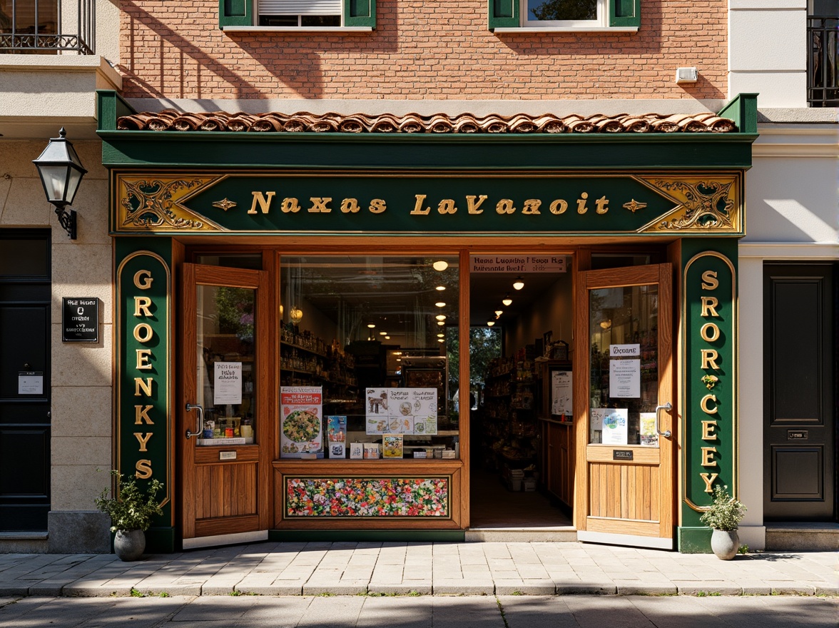 Prompt: Colorful grocery store facade, ornate wooden doors, vintage metal signage, rustic brick walls, decorative ceramic tiles, traditional rooflines, quaint street lamps, busy sidewalk scene, morning sunlight, soft warm lighting, shallow depth of field, 1/2 composition, realistic textures, ambient occlusion.