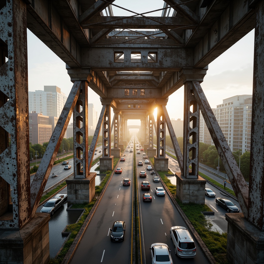 Prompt: Industrial bridge infrastructure, metallic latticework, weathered steel beams, riveted connections, urban cityscape, busy highway traffic, misty atmospheric effects, warm golden lighting, shallow depth of field, 1/1 composition, symmetrical framing, rustic concrete piers, suspension cables, angular modernist design, functional brutalism, distressed textures, ambient occlusion.