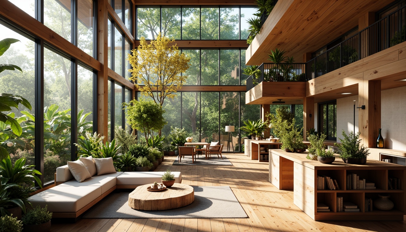 Prompt: Eco-friendly building, sustainable materials, reclaimed wood accents, low-VOC paints, bamboo flooring, recycled glass countertops, energy-efficient systems, solar panels, green roofs, living walls, natural ventilation, abundant daylight, soft diffused lighting, 3/4 composition, shallow depth of field, warm earthy tones, organic textures, ambient occlusion.