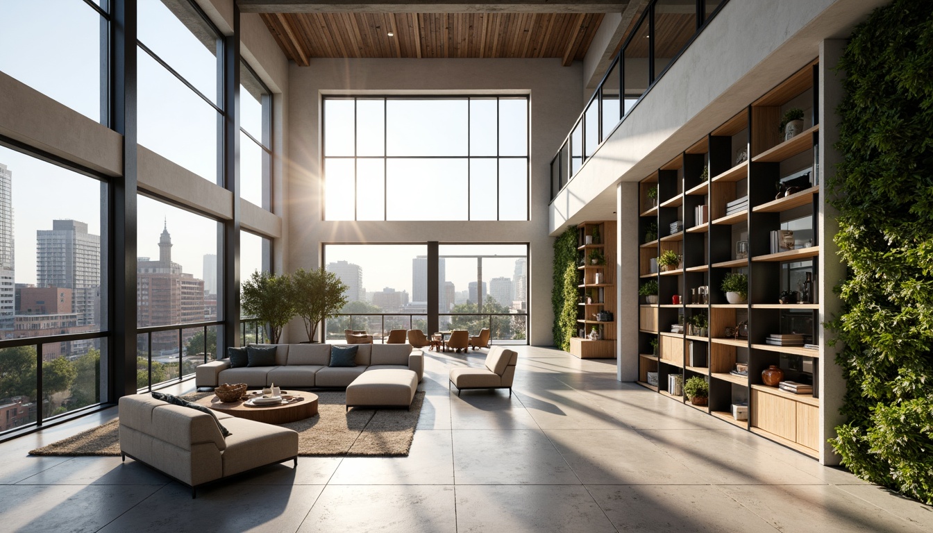 Prompt: Open-plan living space, high ceilings, floor-to-ceiling windows, minimalist decor, sleek metal accents, polished concrete floors, geometric shapes, bold color blocking, ample natural light, airy atmosphere, functional furniture, modular shelving units, greenery walls, urban cityscape views, morning sunlight, softbox lighting, 1/1 composition, symmetrical balance, modernist architecture, brutalist influences, industrial chic elements, reclaimed wood accents, matte black metal frames.