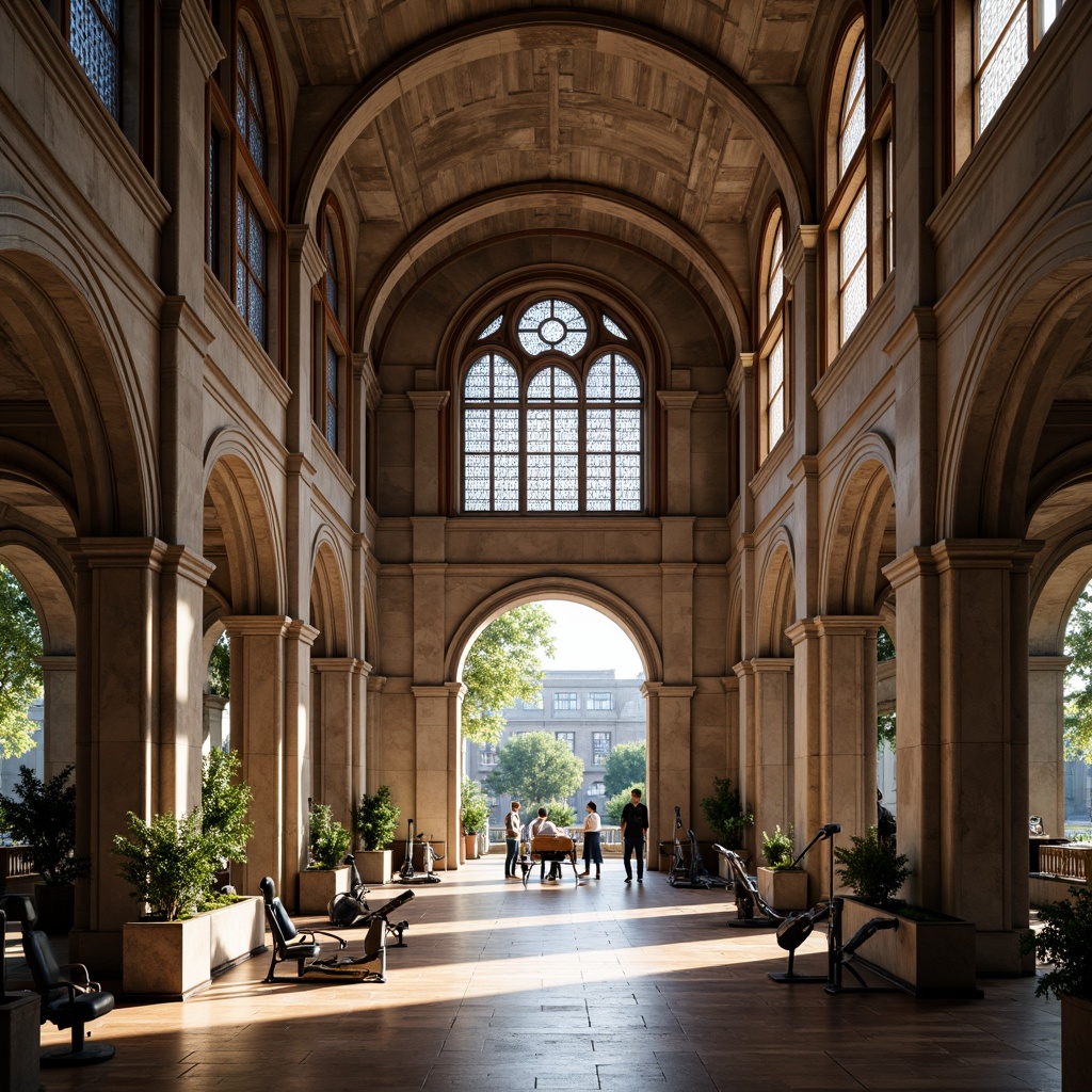 Prompt: Historic urban landscape, Renaissance Revival architecture, ornate stone facades, grand entrance archways, symmetrical compositions, classical columns, intricate carvings, vaulted ceilings, stained glass windows, modern fitness equipment, polished wooden floors, natural light pouring in, high ceiling volumes, 1/1 composition, warm softbox lighting, ambient occlusion, realistic textures.