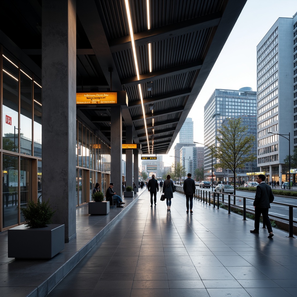 Prompt: Modern metro station, sleek glass fa\u00e7ade, steel beams, polished concrete floors, minimalist lighting fixtures, futuristic signage systems, vibrant digital displays, urban cityscape, bustling streets, morning rush hour, soft natural light, shallow depth of field, 1/2 composition, realistic textures, ambient occlusion, modern industrial materials, durable finishes, sustainable design solutions, energy-efficient systems, green roofs, eco-friendly furniture, innovative acoustic technologies, comfortable waiting areas, intuitive wayfinding systems.