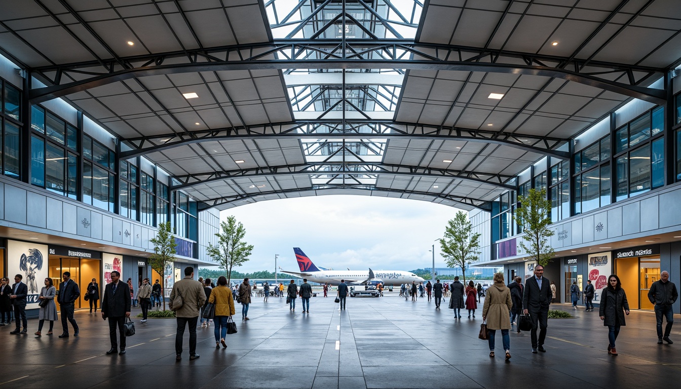 Prompt: Futuristic airport terminal, geometric shapes, clean lines, minimal ornamentation, functional simplicity, industrial materials, steel beams, glass fa\u00e7ades, cantilevered roofs, bold color schemes, dynamic lighting effects, airy interior spaces, open circulation routes, futuristic aircraft, sleek wing designs, vibrant branding signage, modern wayfinding systems, sustainable building practices, energy-efficient systems, green roofs, rainwater harvesting systems, panoramic views, 3/4 composition, shallow depth of field, realistic textures, ambient occlusion.