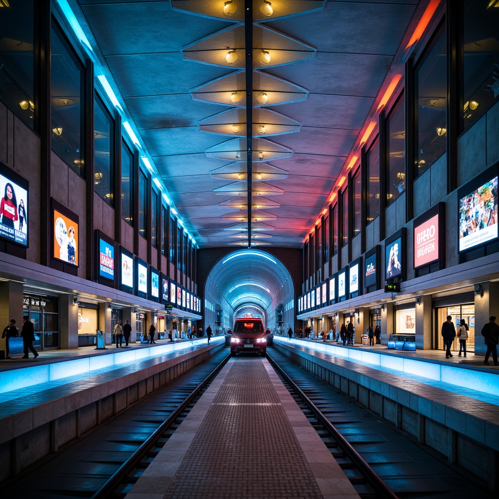 Prompt: Modern metro station, sleek concrete architecture, futuristic LED lighting, vibrant color schemes, dynamic ambient illumination, glowing advertisements, bustling pedestrian traffic, urban cityscape, morning rush hour, soft warm lighting, shallow depth of field, 1/1 composition, realistic textures, ambient occlusion.