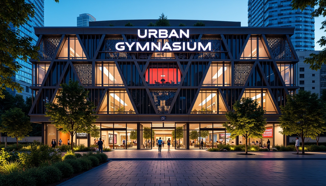 Prompt: Urban gymnasium, modern facade design, LED lighting installations, dynamic parametric patterns, metallic mesh screens, green walls, vertical gardens, cantilevered structures, futuristic aesthetics, angular lines, bold typography, neon color schemes, evening ambient light, shallow depth of field, 1/2 composition, realistic reflections, detailed textures, atmospheric perspective.