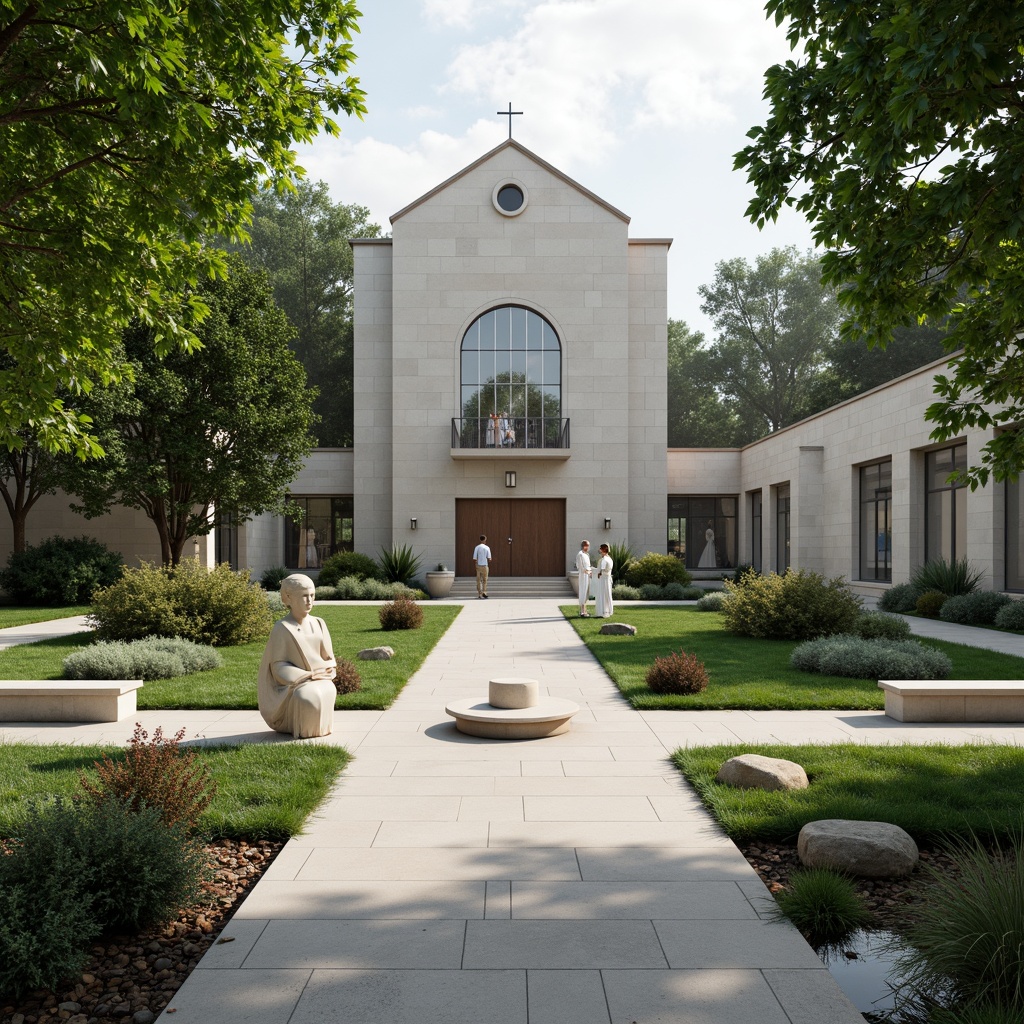 Prompt: \Sophisticated church courtyard, lush greenery, manicured lawns, ornate fountains, walking paths, meditation gardens, minimalist benches, elegant stone statues, modern abstract sculptures, neutral color palette, clean lines, rectangular shapes, large windows, glass doors, natural light pouring in, subtle shadows, atmospheric misting, 3/4 composition, symmetrical framing, realistic textures, ambient occlusion.\