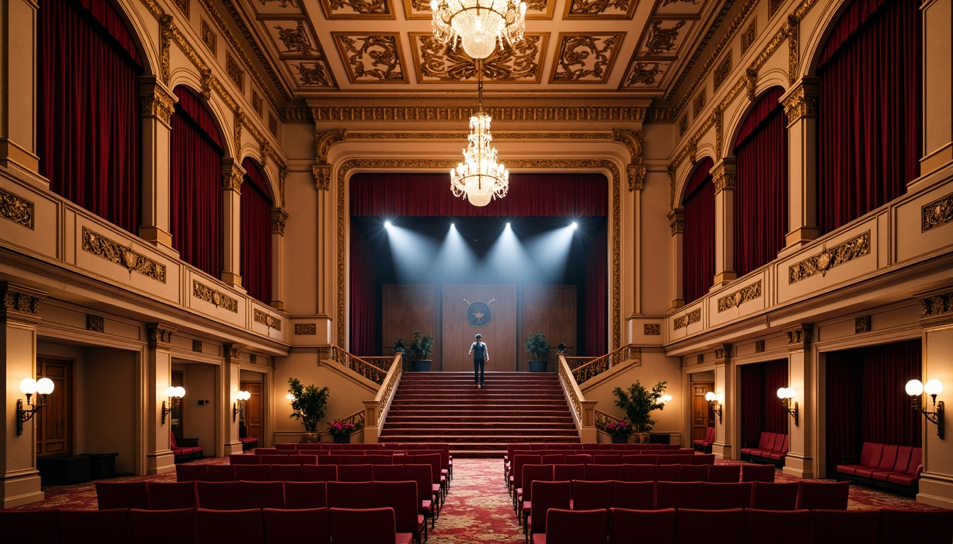 Prompt: Luxurious auditorium interior, ornate chandeliers, rich velvet curtains, polished wooden floors, grandiose staircases, opulent balconies, intricate moldings, gilded accents, lavish furnishings, crimson red seats, majestic stage lighting, dramatic spotlights, elegant archways, refined acoustic panels, sophisticated sound systems, ambient warm lighting, 1/2 composition, symmetrical framing, high-contrast colors, ornate metalwork details.