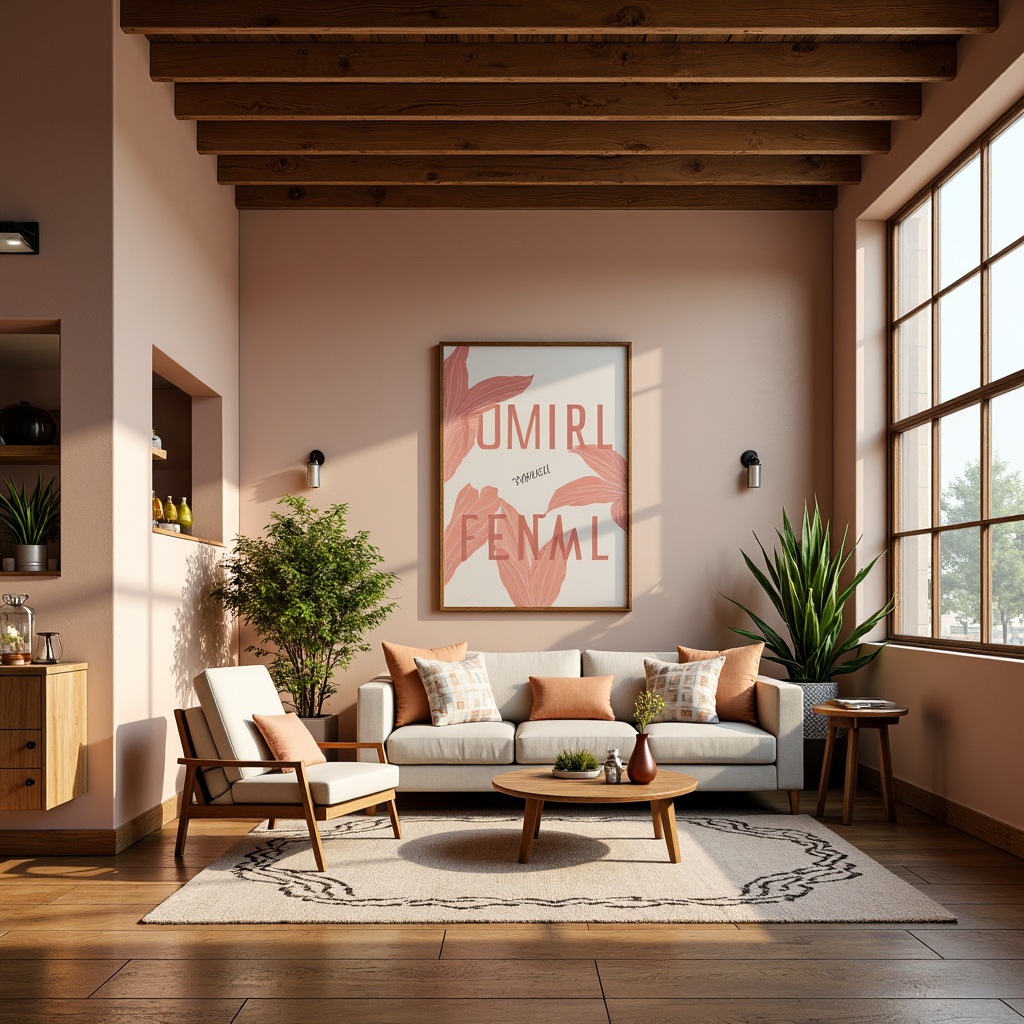 Prompt: Vibrant creative studio, natural wood accents, earthy tone walls, modern minimalist furniture, eclectic decorative objects, abstract artwork, bold typography, pastel color scheme, warm atmospheric lighting, shallow depth of field, 1/1 composition, soft focus effect, subtle texture overlay, relaxed ambient atmosphere.