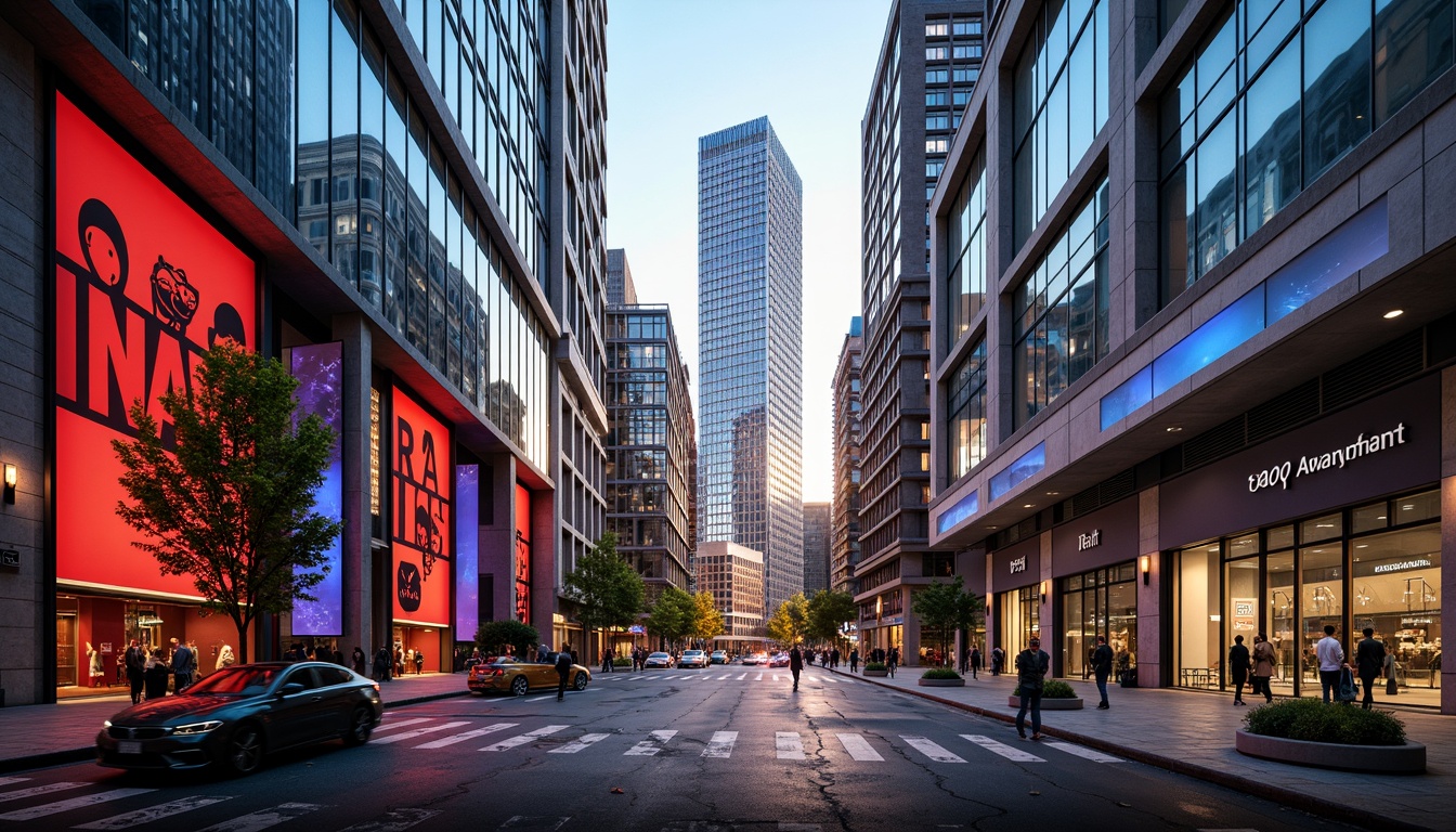 Prompt: Vibrant urban landscape, modern skyscrapers, bold color accents, dynamic LED lighting, sleek glass facades, metallic surfaces, abstract art installations, geometric patterns, futuristic ambiance, warm golden hour, shallow depth of field, 1/1 composition, panoramic view, realistic textures, ambient occlusion.