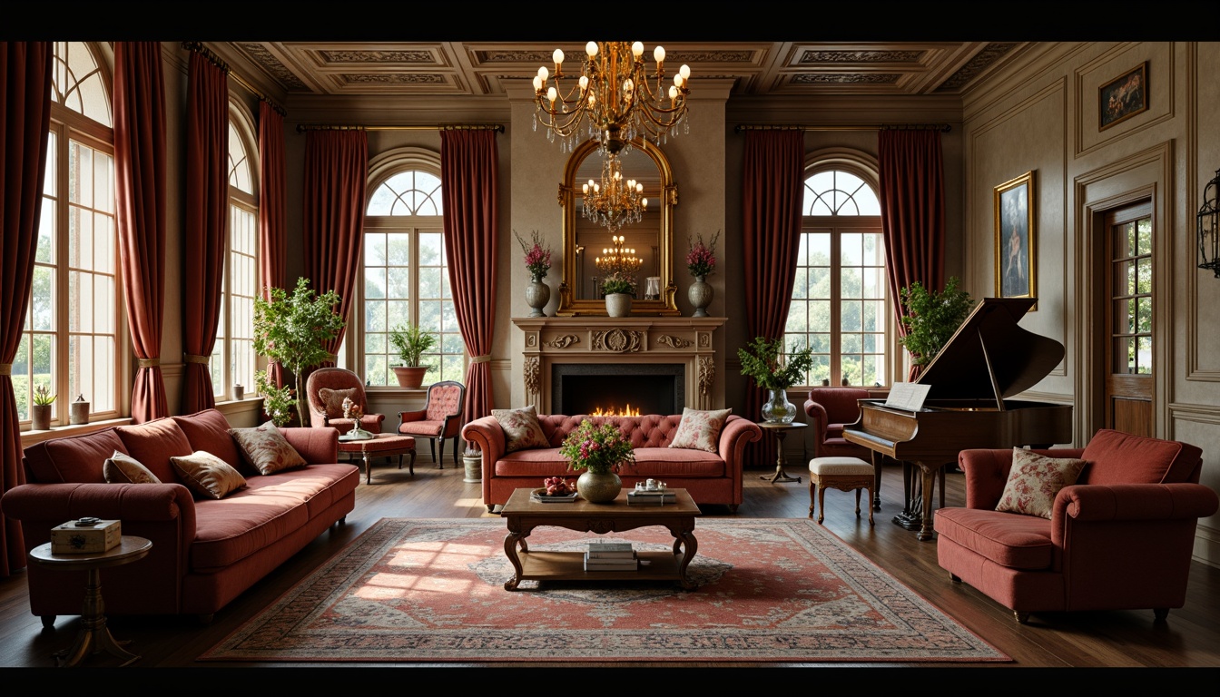 Prompt: Cozy living room, velvet sofas, ornate wooden furniture, golden candelabras, intricate carvings, rich tapestries, soft warm lighting, vintage accessories, distressed finishes, elegant chandeliers, grand pianos, luxurious drapes, heavy curtains, lavish rugs, ornamental mirrors, Baroque patterns, subtle pastel colors, intimate atmosphere, 1/1 composition, shallow depth of field, realistic textures, ambient occlusion.