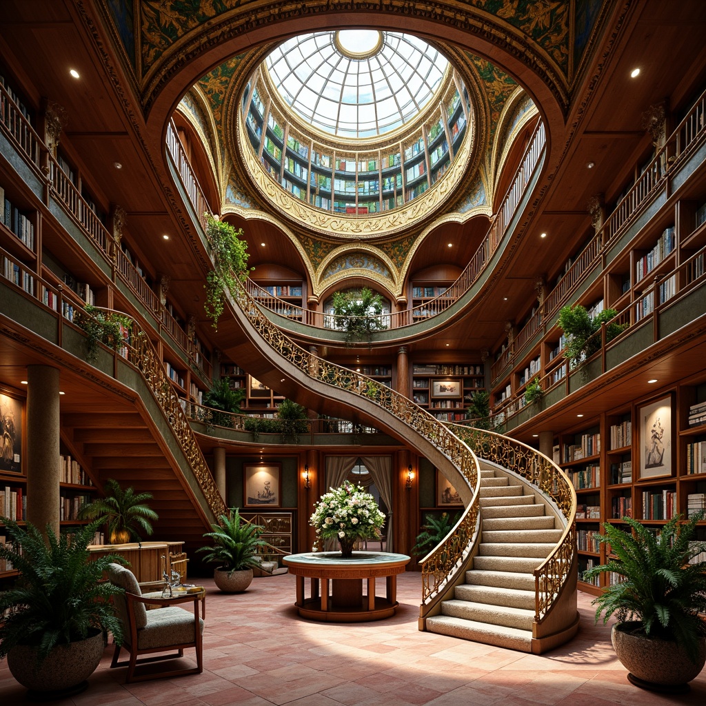 Prompt: Opulent library interior, rich wood paneling, ornate metalwork, stained glass ceilings, grand staircases, curved lines, flowing organic forms, whimsical botanical patterns, warm golden lighting, soft velvety textures, intricate moldings, luxurious fabrics, jewel-toned color palette, emerald green accents, ruby red highlights, creamy ivory backgrounds, 1/2 composition, symmetrical framing, dramatic shadows, subtle gradient effects.