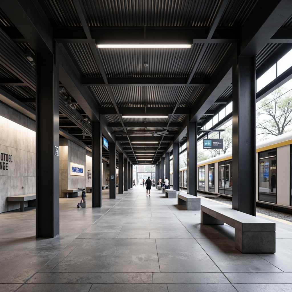 Prompt: Sleek tram station interior, minimalist design aesthetic, clean lines, monochromatic color scheme, industrial materials, polished concrete floors, exposed metal beams, simple signage, functional benches, modern lighting fixtures, subtle branding elements, urban atmosphere, rush hour ambiance, soft indirect lighting, shallow depth of field, 2/3 composition, symmetrical framing, realistic textures, ambient occlusion.