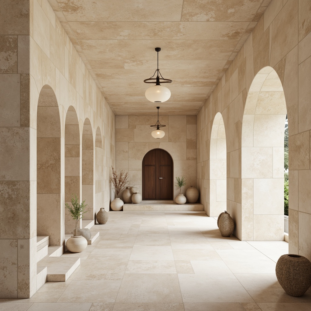 Prompt: Serene monastery, natural stone walls, soft cream hues, warm beige tones, subtle gray accents, minimalist decor, elegant arches, clean lines, simple geometry, peaceful ambiance, calm atmosphere, soft diffused lighting, gentle shadows, 1/1 composition, symmetric framing, realistic textures, ambient occlusion.