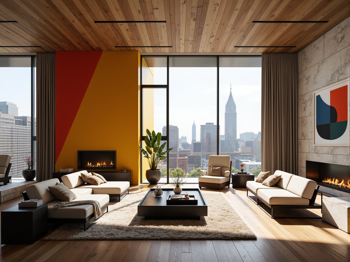 Prompt: Vibrant modern home, bold color blocks, contrasting textures, sleek metal accents, large glass windows, minimalist interior design, open-plan living area, cozy reading nook, statement lighting fixtures, abstract artwork, geometric patterns, monochromatic scheme, warm beige tones, rich wood floors, plush throw blankets, natural stone walls, industrial-chic decor, urban cityscape view, dramatic shadows, low-key ambient lighting, 1/1 composition, realistic rendering.