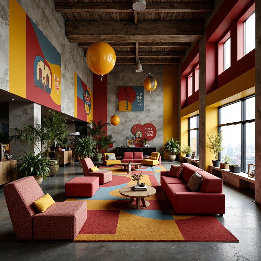 Prompt: Eclectic postmodern interior, bold color blocking, abstract geometric patterns, fragmented furniture forms, unconventional material combinations, distressed textures, vintage decorative elements, oversized artistic fixtures, playful lighting installations, whimsical sculptural accents, irregular spatial configurations, dynamic visual flow, 1/2 composition, atmospheric warm glow, soft focus blur, rich detailed renderings.