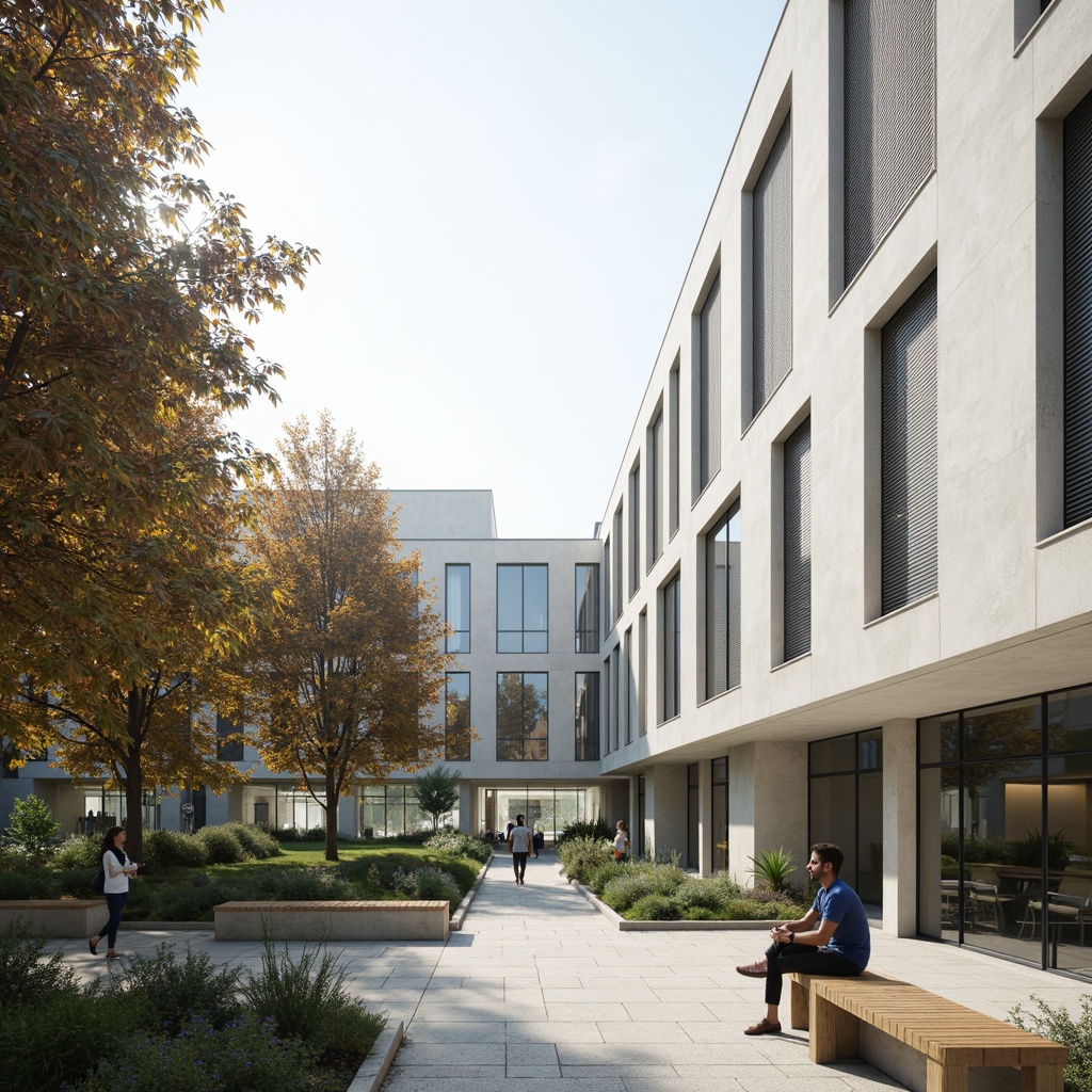 Prompt: Simple university building, minimalist facade, clean lines, rectangular shapes, large windows, neutral color palette, concrete walls, steel frames, subtle textures, natural light, soft shadows, shallow depth of field, 1/2 composition, realistic rendering, ambient occlusion, subtle reflections, modern academic atmosphere, quiet courtyard, greenery, wooden benches, educational signage.