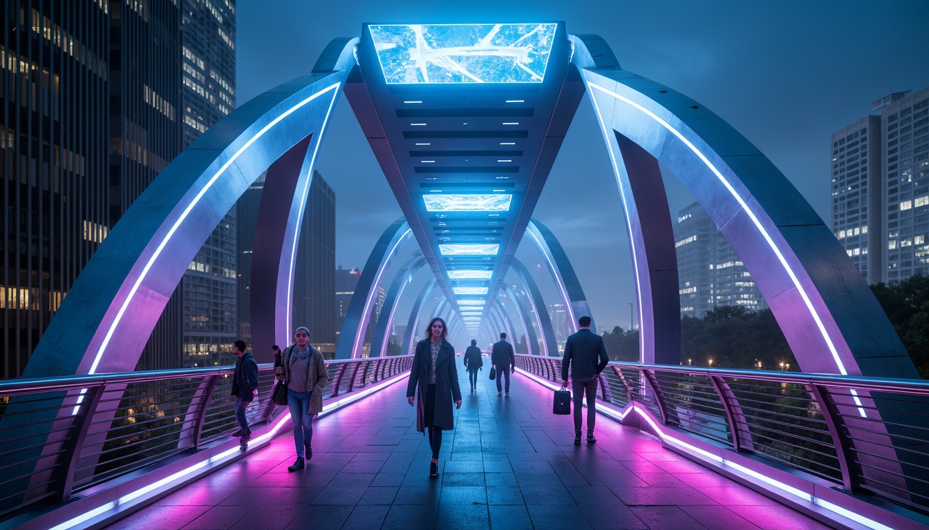 Prompt: Futuristic bridge, sleek metal arches, neon-lit accents, vibrant LED strips, gleaming chrome railings, misty atmospheric effects, soft blue-purple hues, dramatic spotlights, glowing pedestrian walkways, ambient occlusion, 3/4 composition, cinematic camera angles, shallow depth of field, urban cityscape, nightfall ambiance, distant skyscrapers, futuristic transportation systems, holographic advertisements, cyberpunk-inspired details.