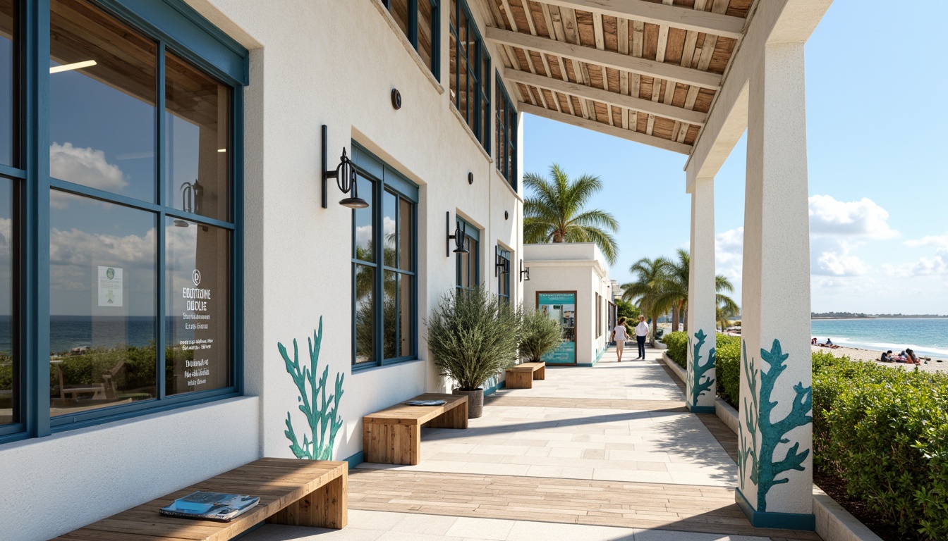 Prompt: Seafront clinic, academic architecture style, white stucco walls, large ocean-view windows, wooden accents, nautical-themed decorations, coral-inspired columns, soft blue color scheme, natural stone flooring, wooden benches, educational signage, salt-tolerant plant species, coastal pathway, ocean breeze, sunny day, soft warm lighting, shallow depth of field, 3/4 composition, panoramic view, realistic textures, ambient occlusion.