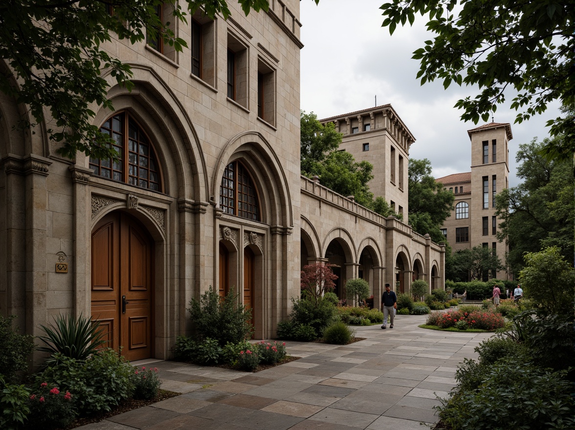 Prompt: Intricate stone carvings, ornate capitals, robust arches, ribbed vaults, grand entranceways, rusticated stonework, weathered fa\u00e7ades, imposing towers, cloistered walkways, lush greenery, overcast skies, soft warm lighting, shallow depth of field, 3/4 composition, realistic textures, ambient occlusion.