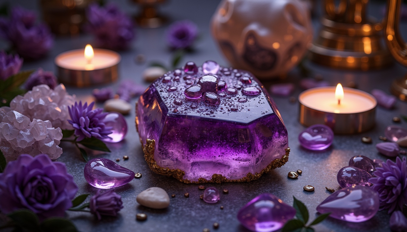 Prompt: Rich amethyst gemstone, luxurious velvet textures, regal purple hues, soft lavender undertones, metallic gold accents, creamy marble backgrounds, ornate Baroque patterns, mystical crystal formations, warm candlelit ambiance, dramatic chiaroscuro lighting, 1/1 composition, realistic reflections, ambient occlusion.