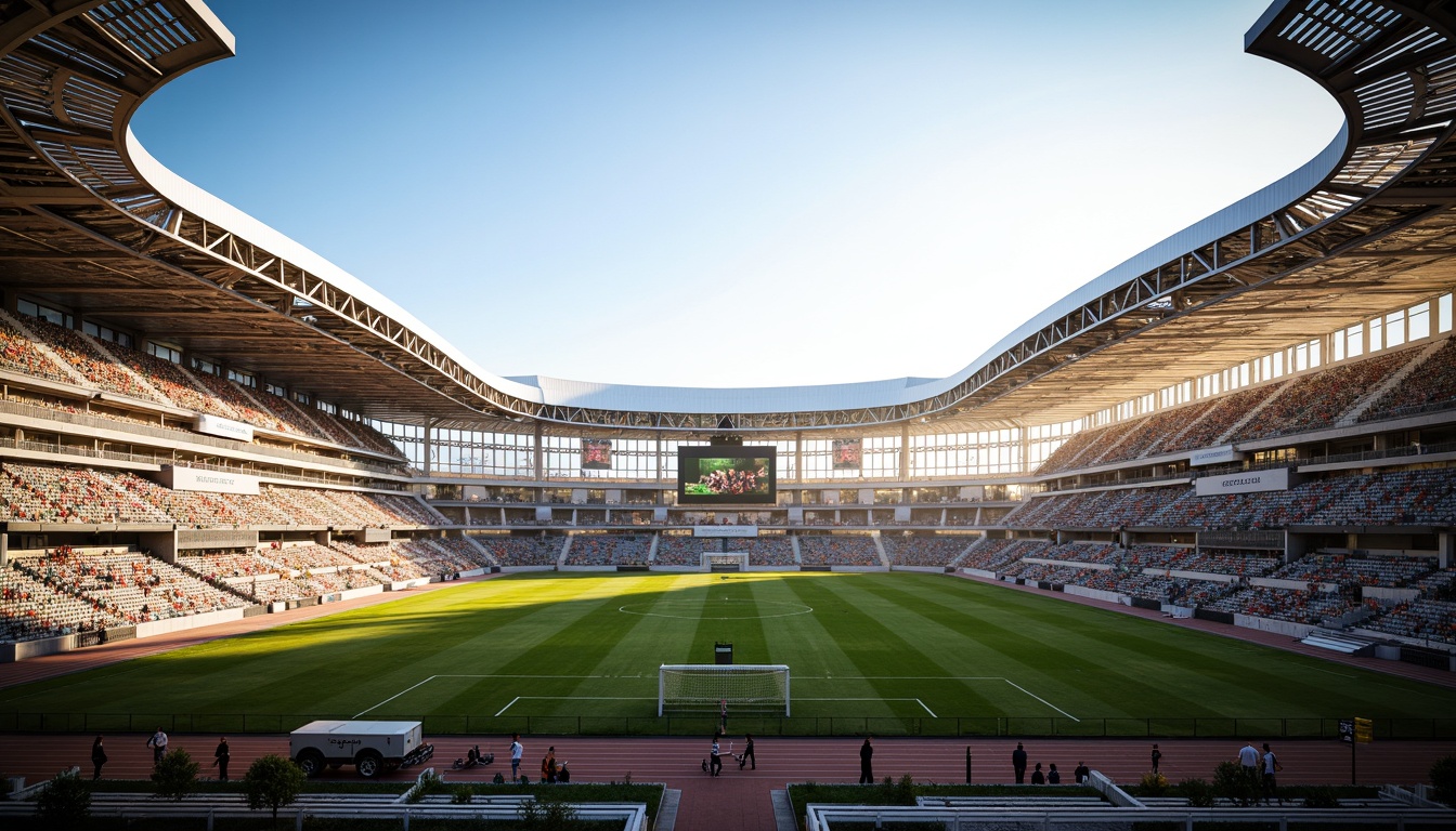 Prompt: Futuristic soccer stadium, undulating rooflines, dynamic curvature, translucent fa\u00e7ades, cantilevered seating areas, sleek steel structures, vibrant LED lighting, lush green grass, athletic track lanes, goalposts, scoreboards, electronic advertising displays, atmospheric misting systems, warm sunny day, dramatic shading, 1/2 composition, low-angle shot, realistic reflections, ambient occlusion.