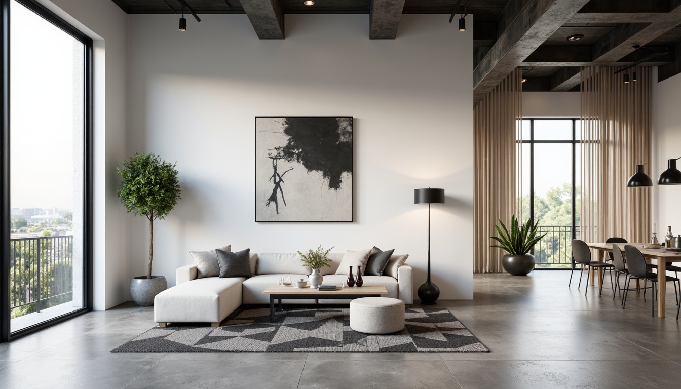 Prompt: Minimalist living room, monochromatic color scheme, sleek low-profile furniture, polished concrete floors, floor-to-ceiling windows, abundant natural light, industrial-chic metal beams, geometric-patterned area rug, avant-garde artwork, modernistic sculptures, minimalist decorative accessories, soft warm ambiance, shallow depth of field, 1/1 composition, realistic textures, ambient occlusion.