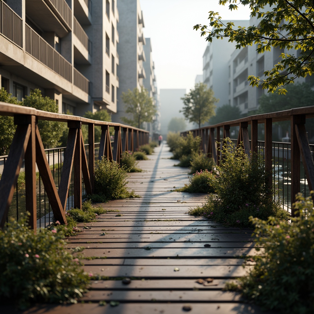 Prompt: Rustic steel bridges, exposed rivets, worn wooden planks, natural stone foundations, intricate latticework, curved arches, suspension cables, urban cityscape, misty morning atmosphere, warm soft lighting, shallow depth of field, 1/2 composition, realistic metallic textures, ambient occlusion, vibrant greenery, blooming flowers, gentle water flow.