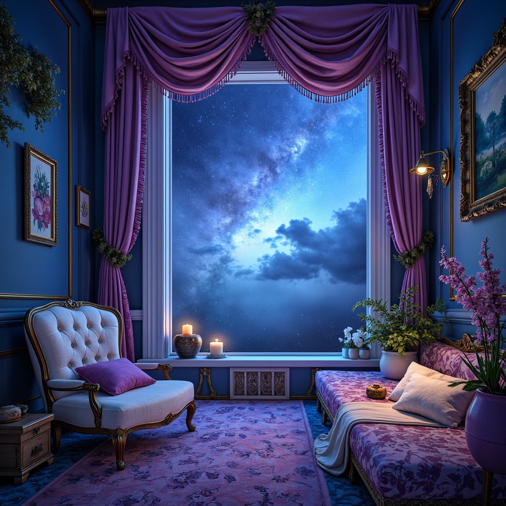 Prompt: Rich blue violet hues, soft pastel shades, whimsical watercolor textures, delicate floral patterns, mystical night sky, shimmering starlight, luxurious velvet fabrics, antique bronze accents, ornate Victorian-era details, dreamy ethereal atmosphere, soft focus, warm golden lighting, 1/2 composition, romanticism-inspired art style, subtle gradient effects.