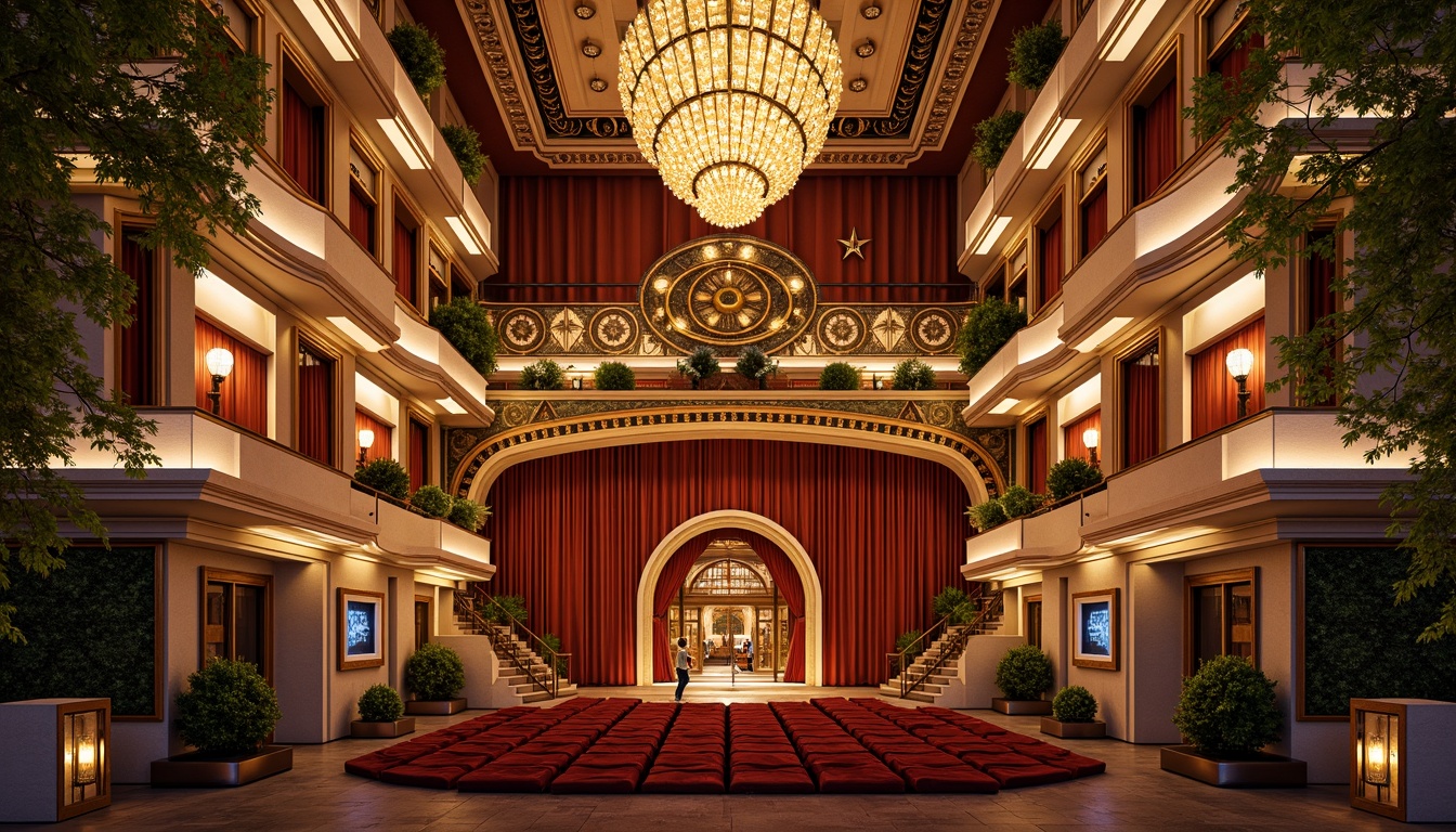 Prompt: Luxurious opera house facade, ornate Art Deco patterns, golden accents, lavish curtains, grand entrance, sweeping staircases, opulent chandeliers, geometric mosaics, metallic materials, intricate moldings, vibrant red carpeting, plush velvet seats, dramatic spotlights, warm golden lighting, shallow depth of field, 1/2 composition, symmetrical framing, ornate bronze doors, elegant fountains, lush greenery, urban cityscape, clear blue sky, morning sunlight.