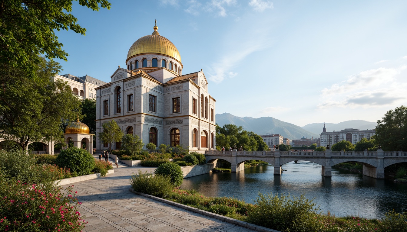 Prompt: Majestic Byzantine church, golden domes, intricate stone carvings, ornate mosaics, lush greenery, blooming flowers, serene water features, natural stone walkways, rustic wooden bridges, rolling hills, scenic mountain ranges, clear blue skies, warm sunlight, soft ambient lighting, shallow depth of field, 3/4 composition, panoramic view, realistic textures, ambient occlusion, subtle fog effects.