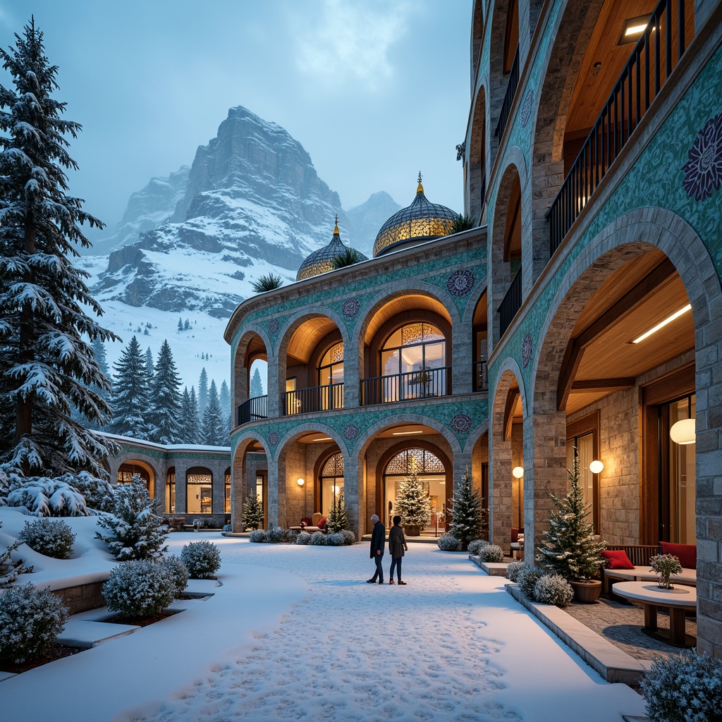 Prompt: Majestic ski resort, snow-capped mountains, frosty pine trees, Byzantine-inspired architecture, golden domes, intricate mosaics, ornate stone carvings, grand archways, vaulted ceilings, rustic wooden accents, ornamental metalwork, vibrant turquoise hues, warm candlelight, soft powdery snowfall, misty morning atmosphere, shallow depth of field, 1/2 composition, warm golden lighting, realistic textures, ambient occlusion.