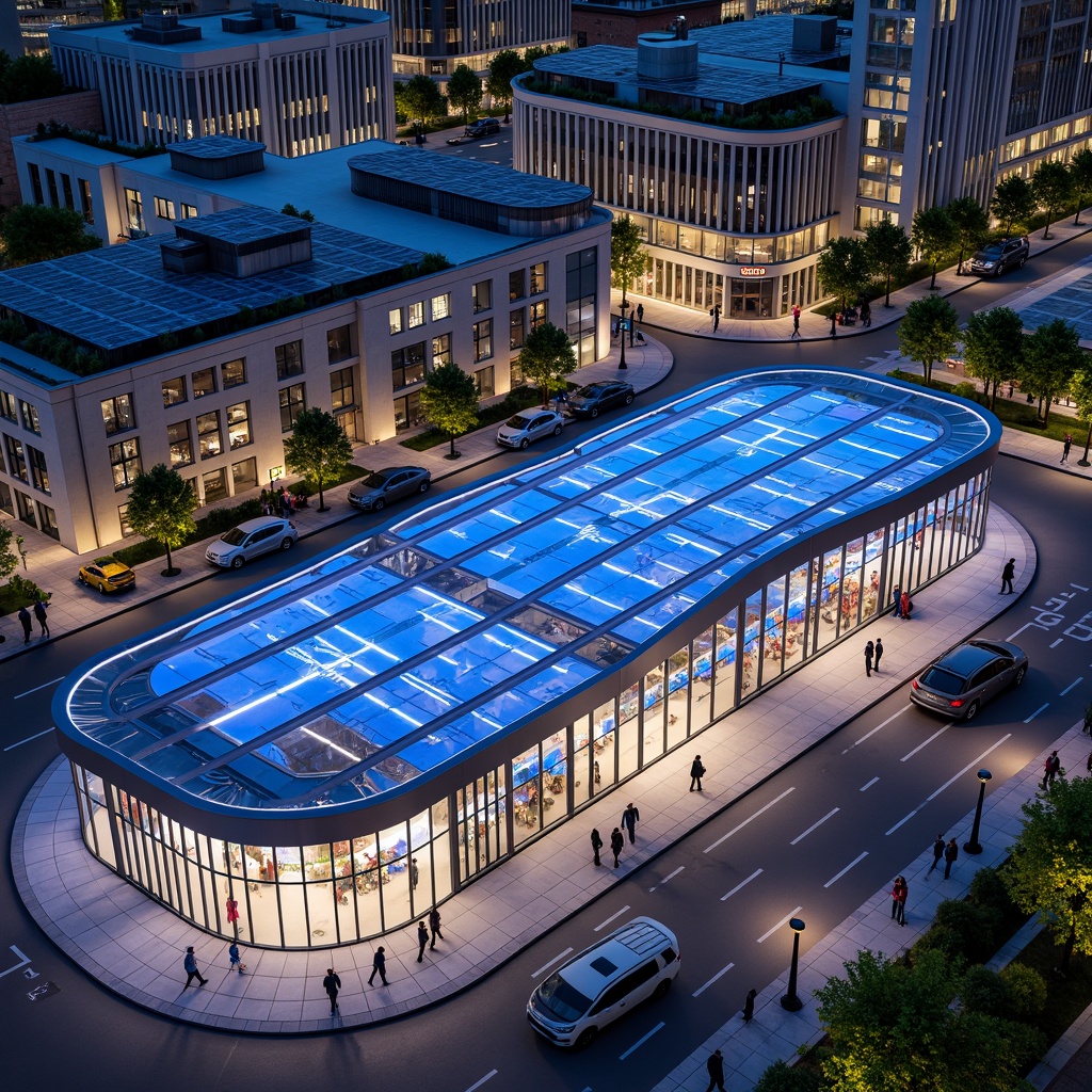 Prompt: Vibrant bus station, curved glass facade, sleek metal frames, LED light installations, futuristic architecture, urban cityscape, busy streets, pedestrian walkways, modern streetlights, green roofs, eco-friendly materials, innovative solar panels, angular lines, geometric patterns, dynamic shapes, shallow depth of field, 3/4 composition, panoramic view, realistic textures, ambient occlusion.