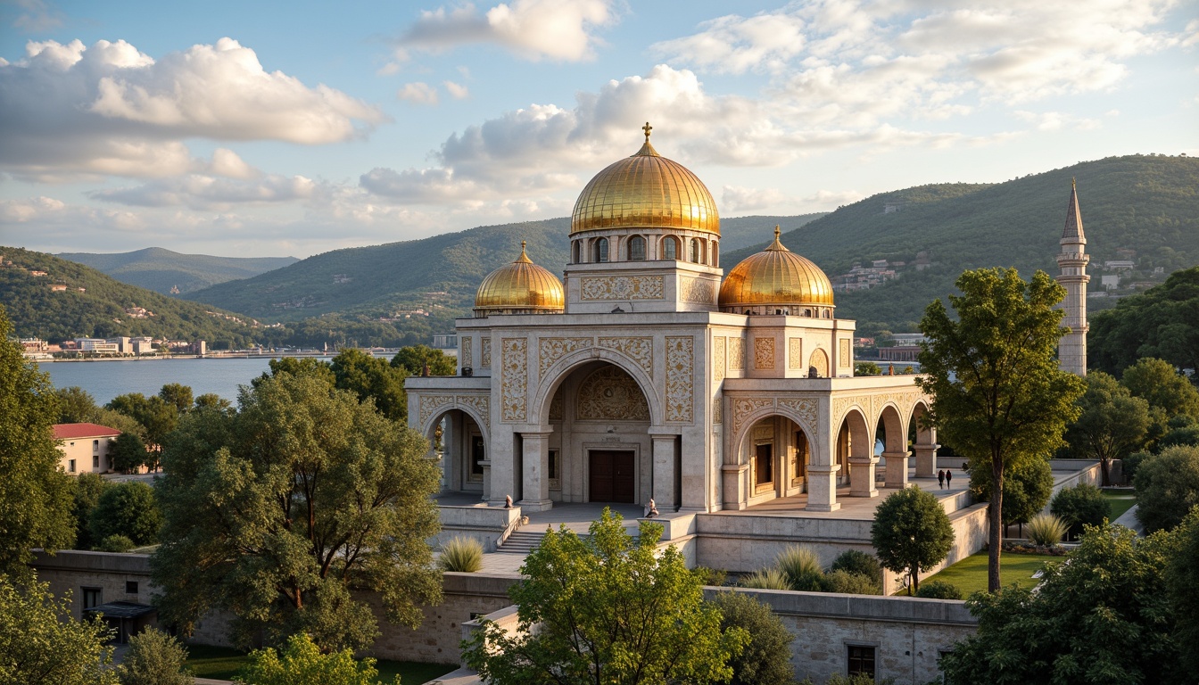 Prompt: Majestic Byzantine church, ornate stone carvings, golden domes, grand archways, intricate mosaics, lush greenery, olive trees, rolling hills, serene lakeside, warm sunny day, soft diffused lighting, shallow depth of field, 3/4 composition, panoramic view, realistic textures, ambient occlusion.