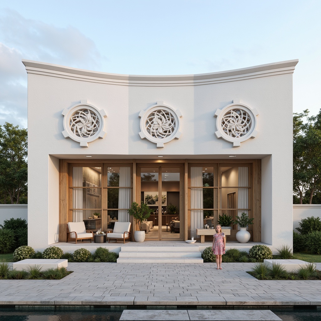 Prompt: Coastal clinic facade, academic style, white stucco walls, curved lines, nautical theme, ocean-inspired ornaments, large windows, sliding glass doors, wooden accents, natural textures, beachy vibe, seaside colors, calming atmosphere, soft warm lighting, subtle shading, 1/1 composition, symmetrical balance, realistic rendering, ambient occlusion.